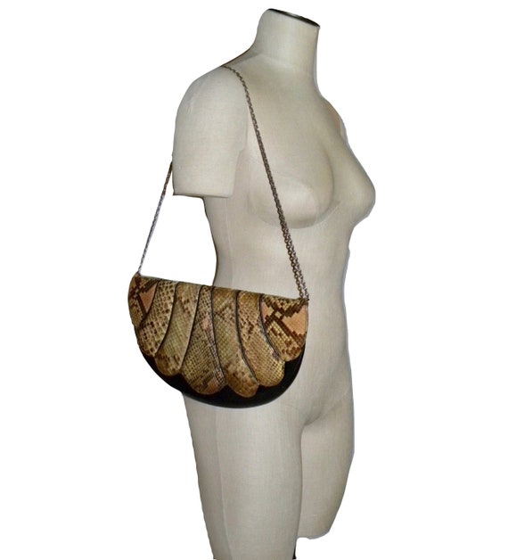 70s 80s Leather & Snakeskin Shoulder Bag | Large … - image 3