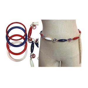 60er 70er Jahre MOD Rot Weiß Blau Perlen & Kettengürtel | Kunststoffperlen | 4 Armreifen Armbänder | 60cm - 92cm