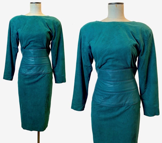 80s Ultra Soft Kid SUEDE Dress | Teal Leather Cor… - image 3