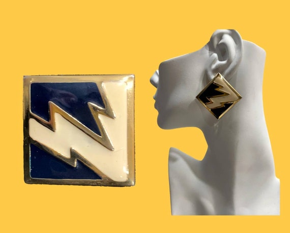 80s Large Lightning Bolt Earrings | Dk Blue Cream… - image 1