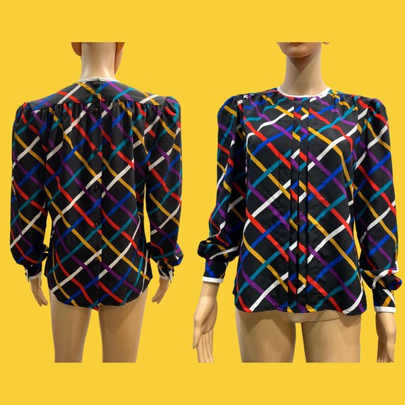80s 90s Albert Nipon Colorful Grid Pattern Blouse… - image 4