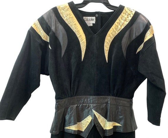 80s Black Suede Leather and Snakeskin Batwing Dre… - image 10