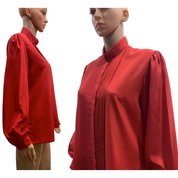 70s Red High Collar Secretary Blouse with Pleats … - image 3