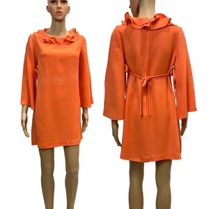 60s Orange Babydoll Mini Dress with Ruffle Collar & Bell Sleeves | S