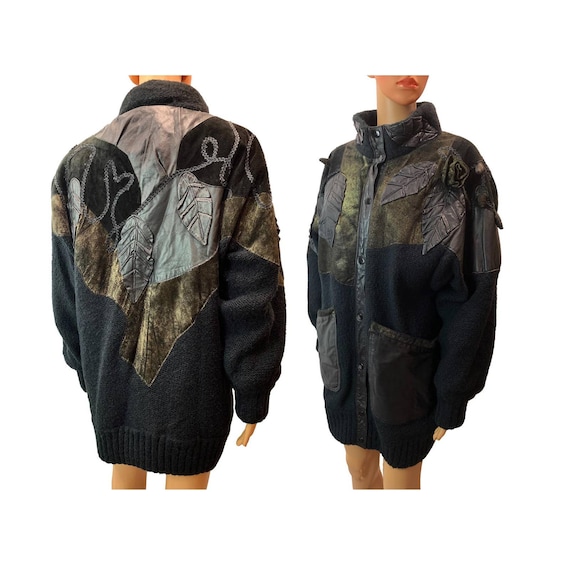 80s Avant Gardé Sweater Coat w Leather & Suede | … - image 1