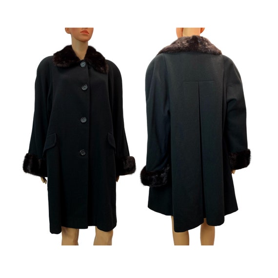 80s Lord & Taylor Black Wool Swing Coat Real MINK… - image 1