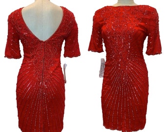 90s Lipstick Red Beaded Sequin Silk Cocktail Dress