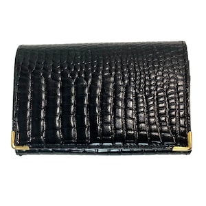 Cartera organizadora vintage de cuero negro con estampado de cocodrilo / 15 x 10 cm