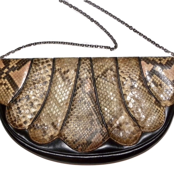 70s 80s Leather & Snakeskin Shoulder Bag | Large Half Moon Disco Clutch | 13" x 7.5" x 1"