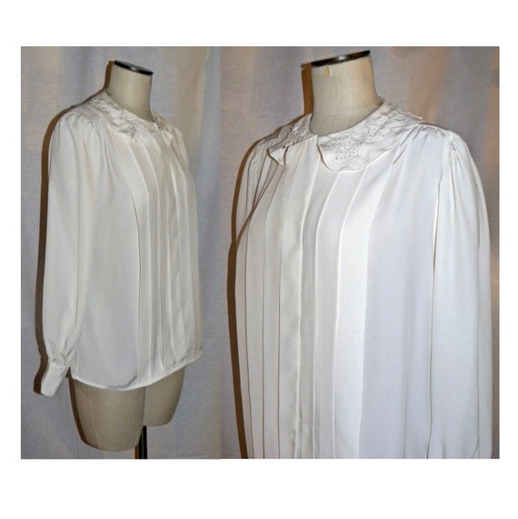 80s Ivory Tuxedo Pleat Blouse | Beaded Peter Pan … - image 4