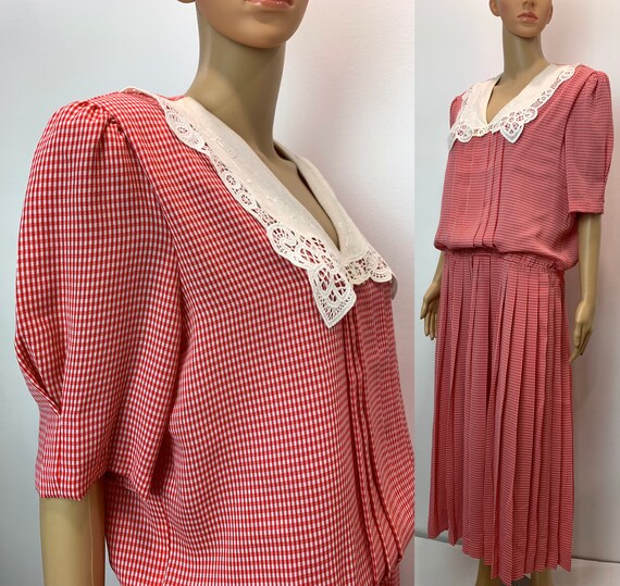 80s 90s Red & White Gingham Midi Dress | Pleated … - image 2