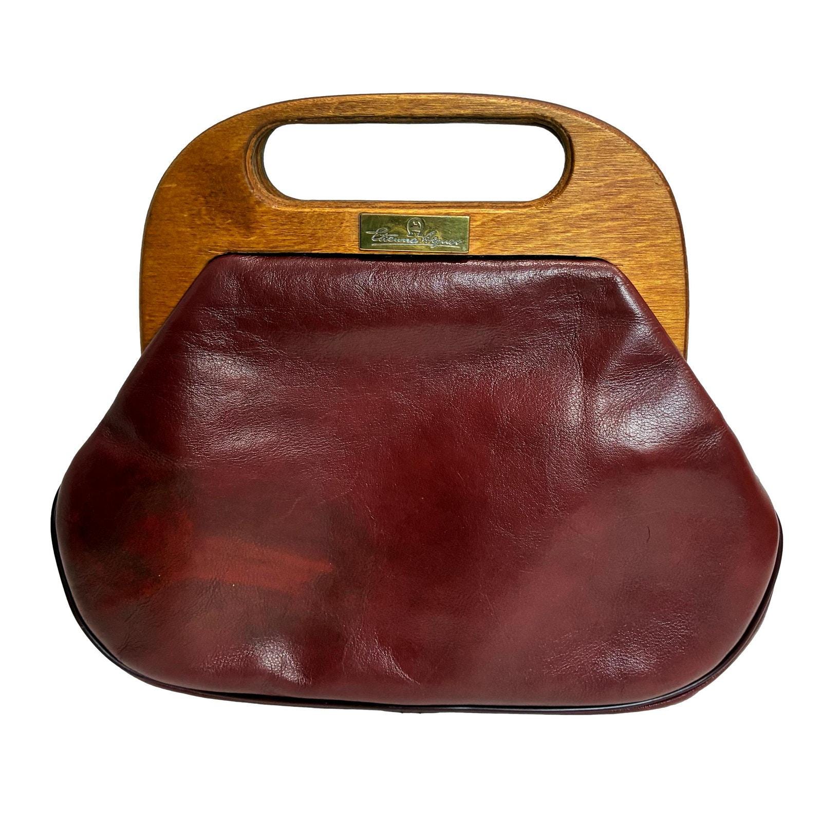 Rare Vintage Etienne Aigner Oxblood Leather Wood Top Handle 