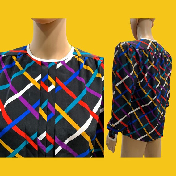 80s 90s Albert Nipon Colorful Grid Pattern Blouse… - image 7
