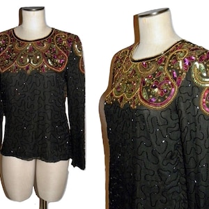 Vintage 80&#39;s Black Silk BEADED Top | Colorful Sequin Neckline | S
