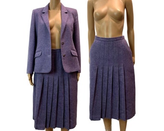 70s 80s Edinburgh Woollen Mill Purple Herringbone Skirt Suit | W 27"