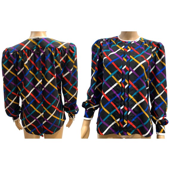80s 90s Albert Nipon Colorful Grid Pattern Blouse… - image 8