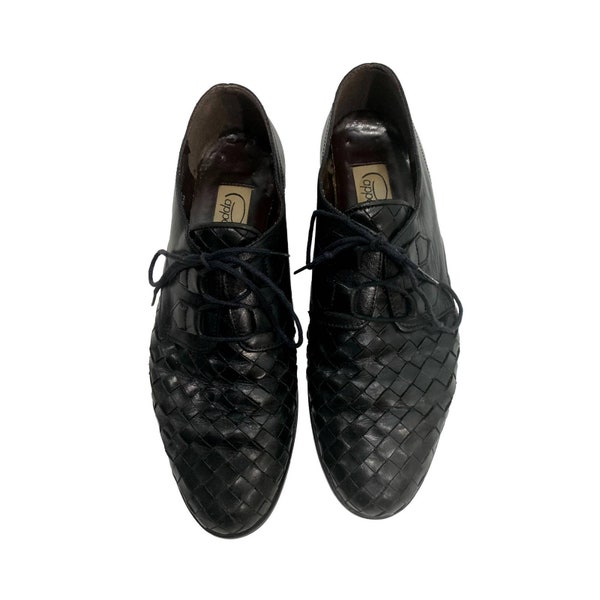 Vintage 80s era Black Woven Leather Lace Up Oxfords Women | 8M