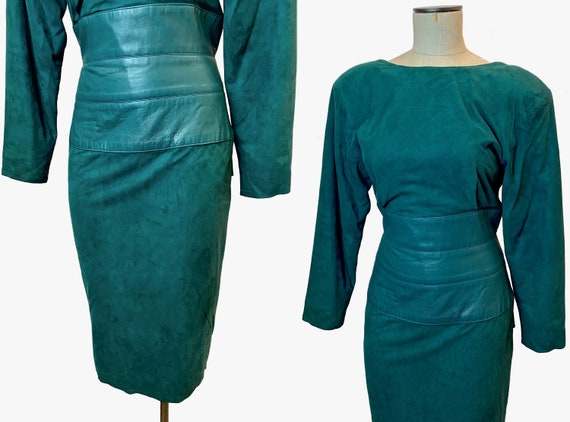 80s Ultra Soft Kid SUEDE Dress | Teal Leather Cor… - image 7