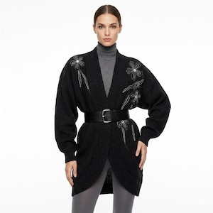 80s Black Mohair Sweater Coat Cardigan w Floral Appliqués | Batwing | sm/m