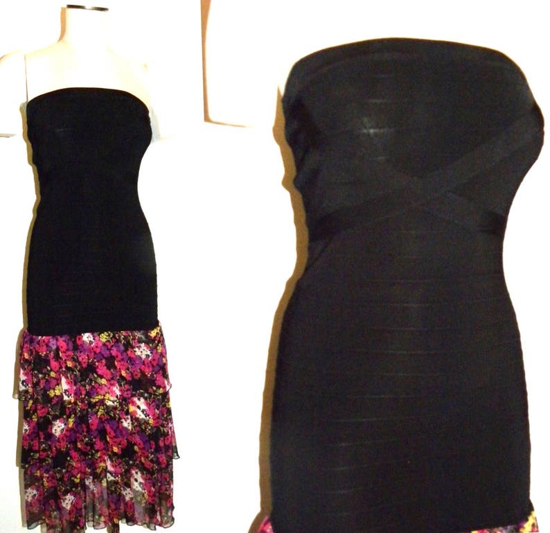 Vintage 90 S Y2k Strapless Dress Bebe Black Bandage Dress Floral Silk Ruffle Midi Skirt Small Clothing Dresses Gtforce In