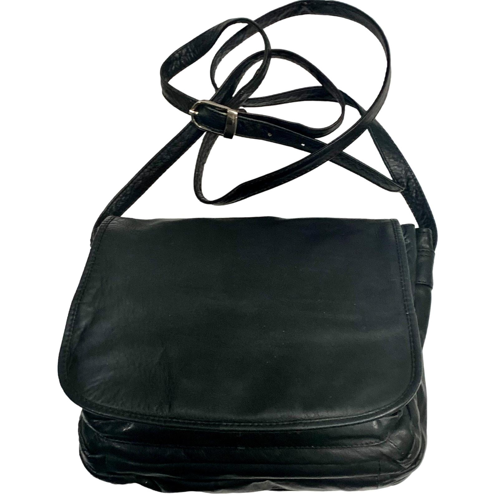 90s vintage レザーバッグ 90s Black Leather Organizer Shoulder Bag – Multi-compartment