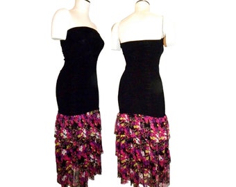 90's Y2K bebe Black Bandage Dress with Floral SILK Ruffle Flounce Skirt | Vintage Midi Dress | Small