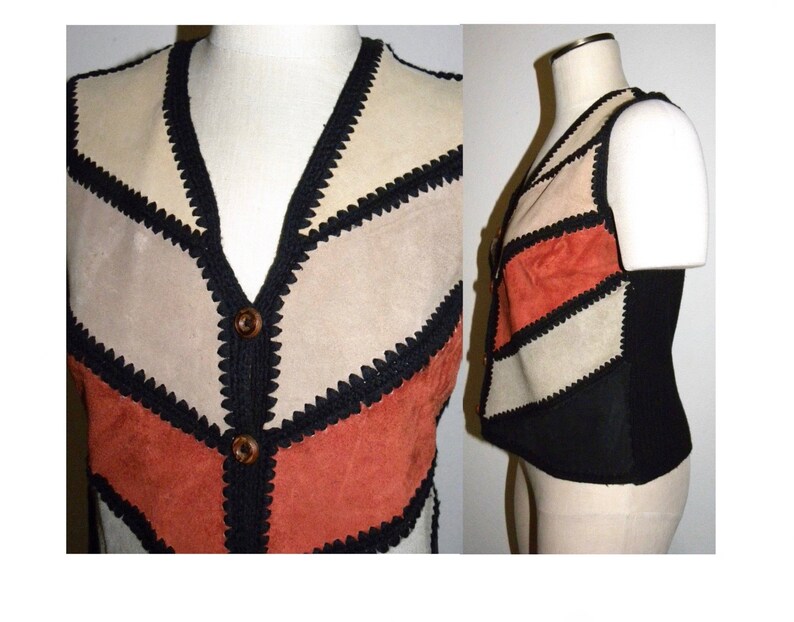 Vintage 1970s 70s SUEDE /& Knit Chevron Vest Hippie Boho Suede Leather Festival Bohemian