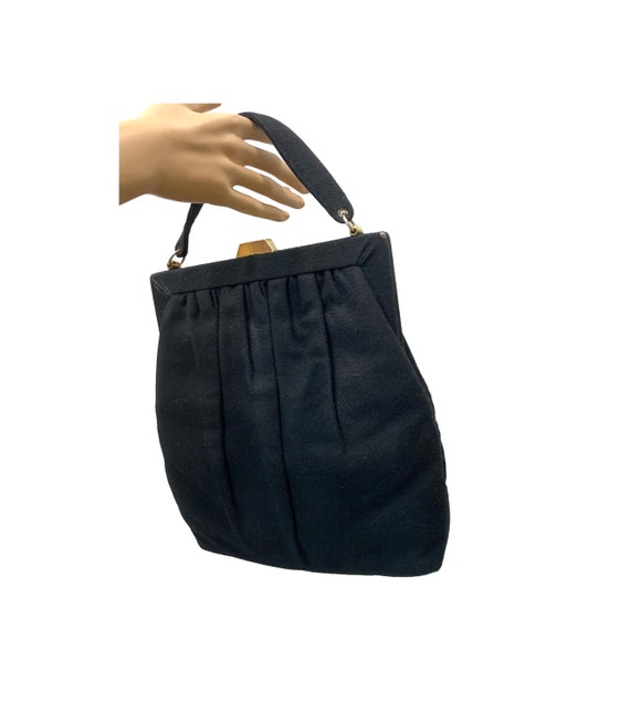 40s 50s Long Vertical Black Wool Top Handle Bag | 
