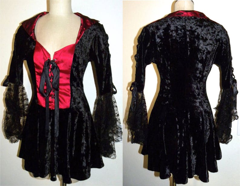 Fits SmM Vintage 90s Goth Mini Dress Black /& Red Crushed Velvet LACE Bell Sleeves