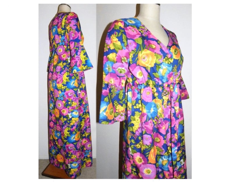 1960s 60s Floral Kaftan MOD Flower MAXI House Dress Psychedelic JEZEBEL California Vintage