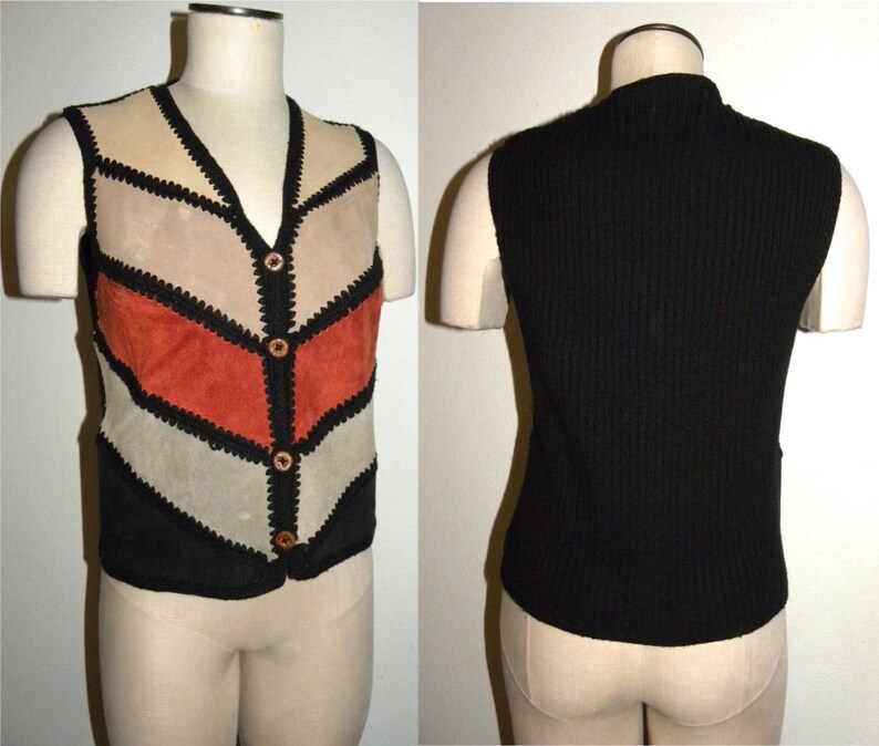 Vintage 1970s 70s SUEDE /& Knit Chevron Vest Hippie Boho Suede Leather Festival Bohemian
