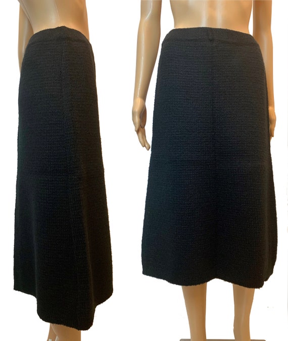 70s 80s Black Knit Below Knee Midi Skirt | Textur… - image 2