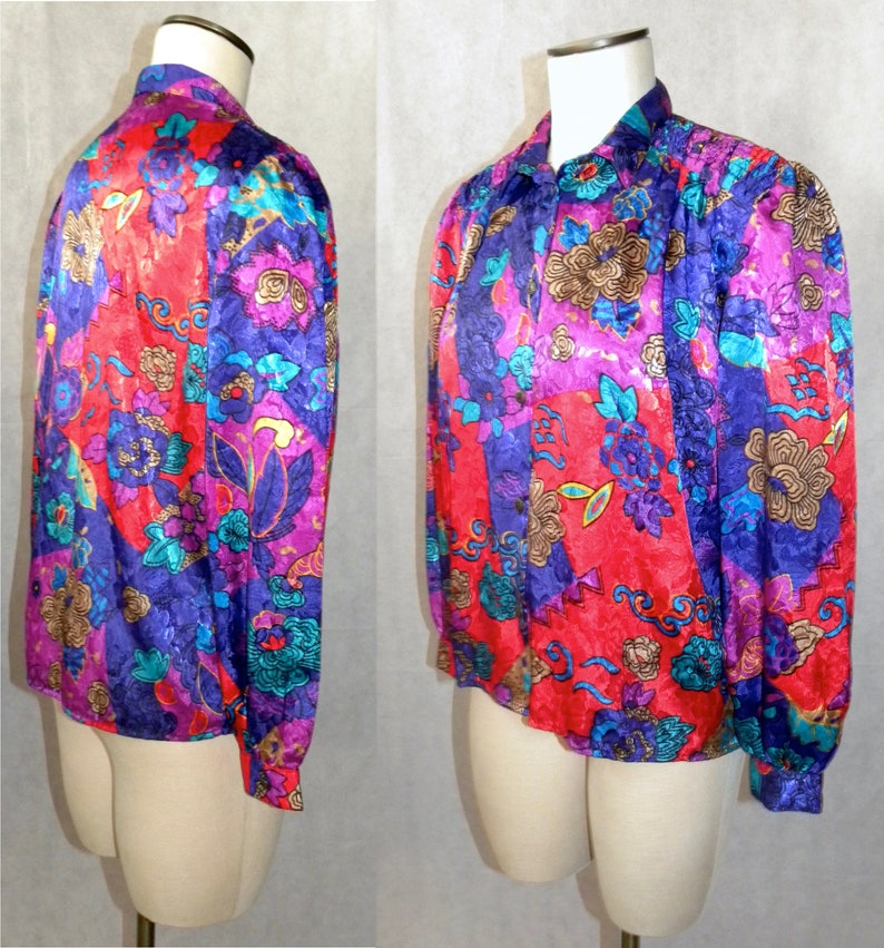 Vintage 80/'s Silky Blouse Baroque Jewel Tones RED Purple Fits S