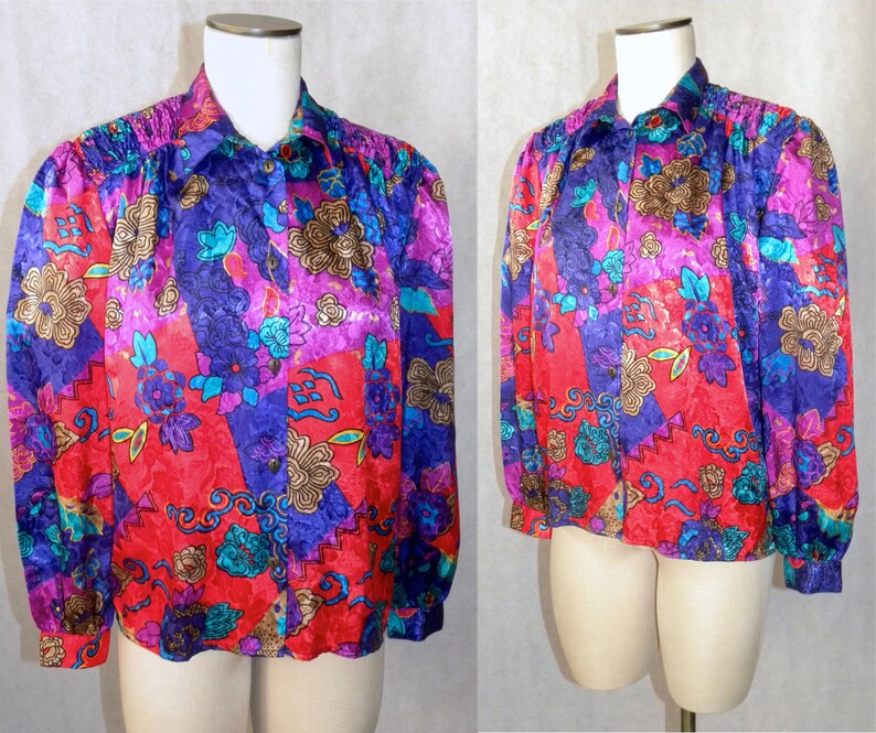 Vintage 80/'s Silky Blouse Baroque Jewel Tones RED Purple Fits S
