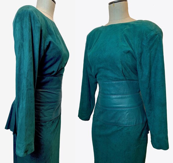 80s Ultra Soft Kid SUEDE Dress | Teal Leather Cor… - image 5