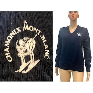 70s 80s Chamonix Mont Blanc V Neck Flocked Ski Sweater | made France