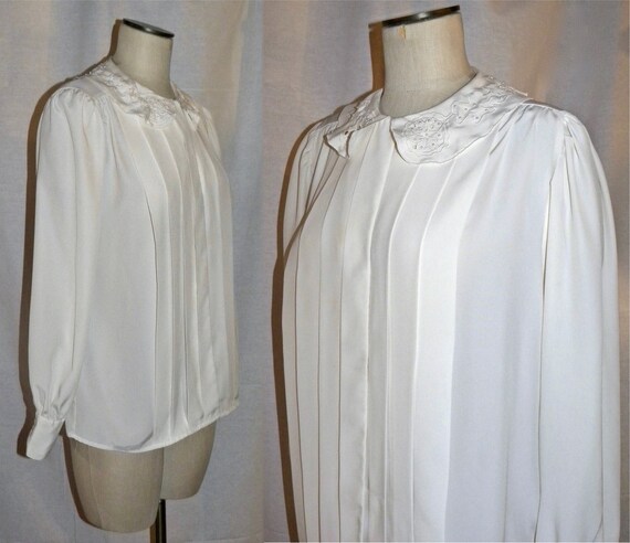 80s Ivory Tuxedo Pleat Blouse | Beaded Peter Pan … - image 10