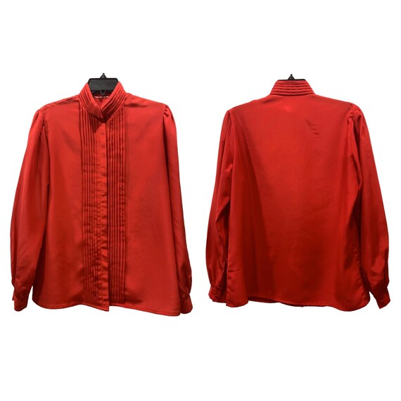 70s Red High Collar Secretary Blouse with Pleats … - image 7