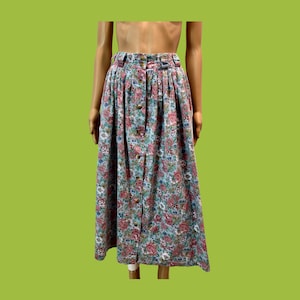 Vintage 80s Cotton Country Rose Print Midi Skirt | Small