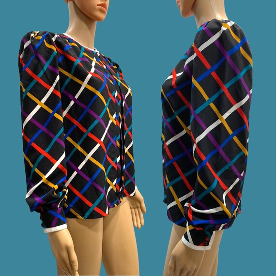 80s 90s Albert Nipon Colorful Grid Pattern Blouse… - image 6