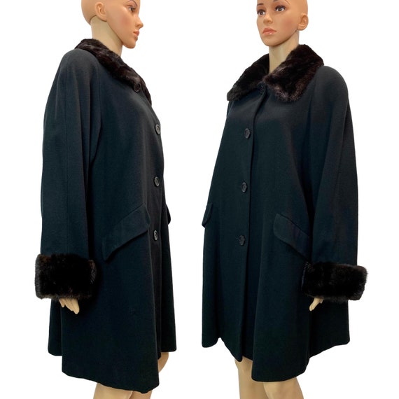 80s Lord & Taylor Black Wool Swing Coat Real MINK… - image 5