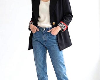 90s Teri Jon Blazer Black Red Trim Gold Button Floral Cuffs | Structured Tailored Women