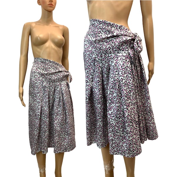 Dries VAN NOTEN Silk Knee Length Skirt w Side Bow Gray Pink Print | 36 XS/S