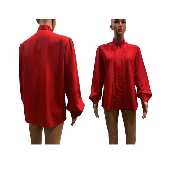 70s Red High Collar Secretary Blouse with Pleats … - image 8