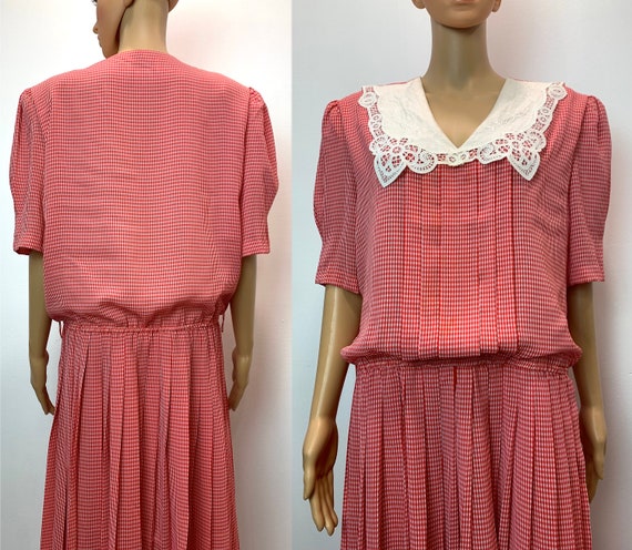 80s 90s Red & White Gingham Midi Dress | Pleated … - image 4