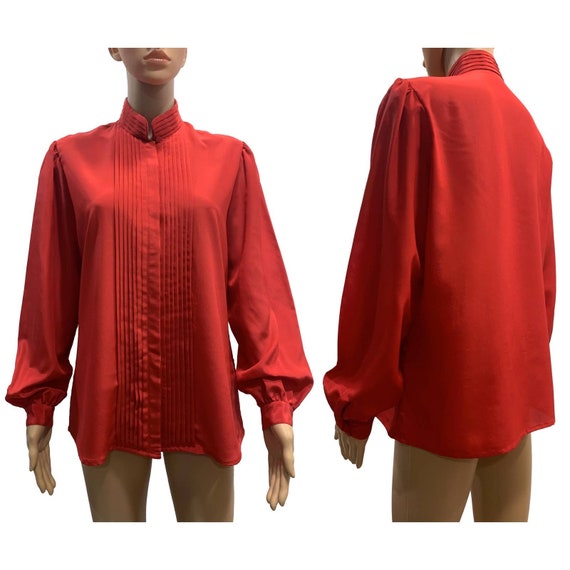 70s Red High Collar Secretary Blouse with Pleats … - image 4