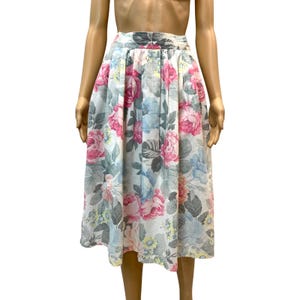 70s 80s Pastel Cottage Rose Print Pleated Midi Skirt | Cotton | Small