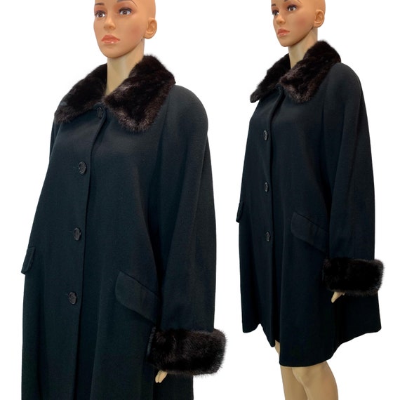 80s Lord & Taylor Black Wool Swing Coat Real MINK… - image 2