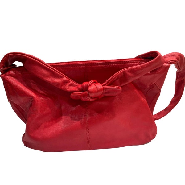 80s Red Leather Shoulder Bag w Bow Strap | 11" x 8" x 3.5"
