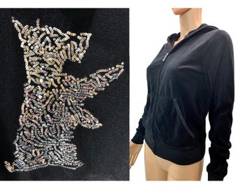 Giacca vintage in spugna nera Juicy Couture con paillettes a forma di cane terrier sul retro / S/M